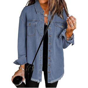 Oversized Button Up Frayed Hem Shacket Long Sleeve Pockets Denim Jean Jacket